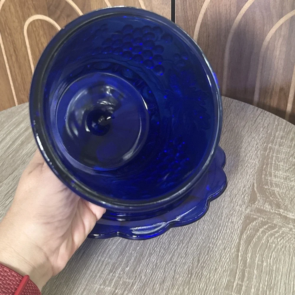 VTG Mosser Grapes Cobalt Blue Depression Glass Covered Cheese Dome Butter Dish